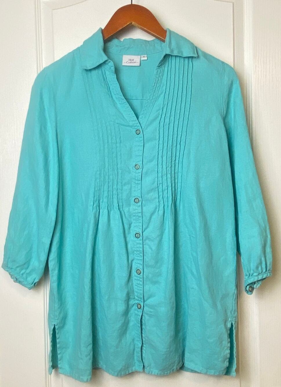 Hot Cotton Mint Teal Linen Collared Button Down Lagenlook Tunic Women's Small